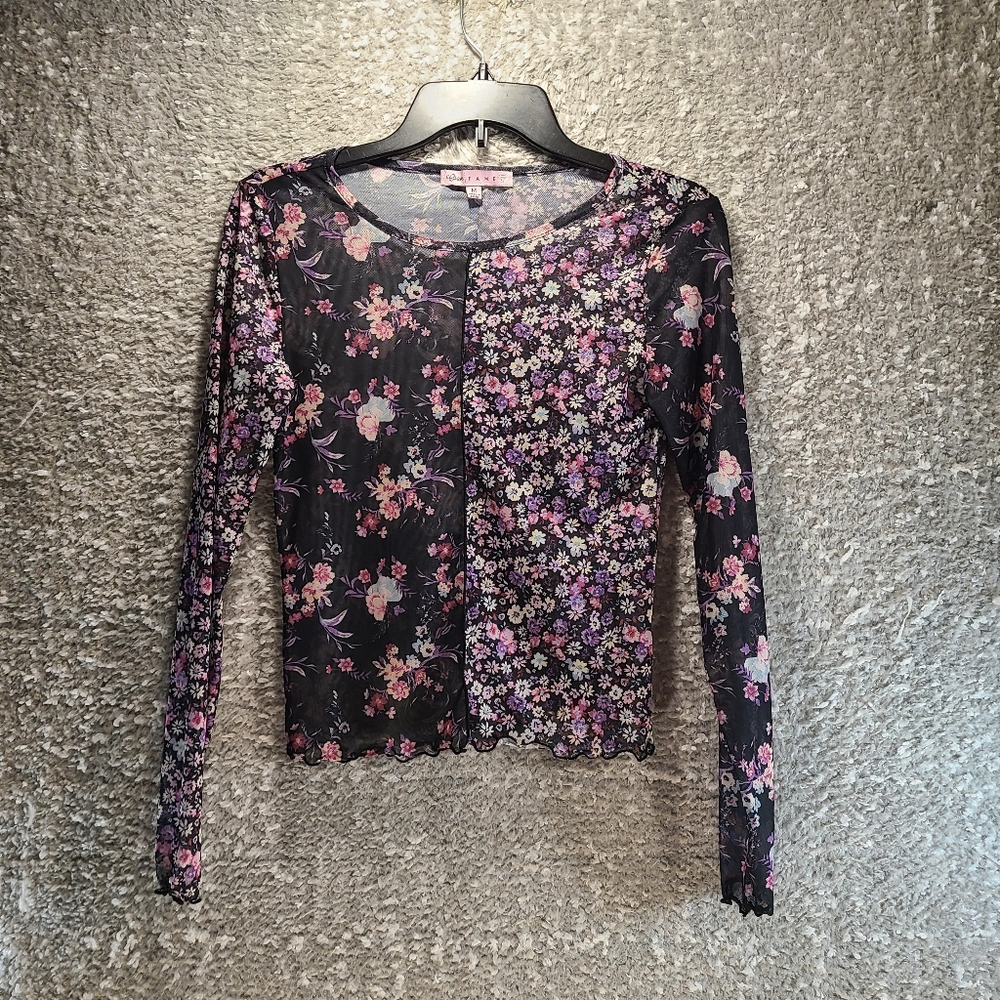 Crave‎ Fame Long Sleeve Mesh Round-Neck Floral Design Top  Polyester Medium